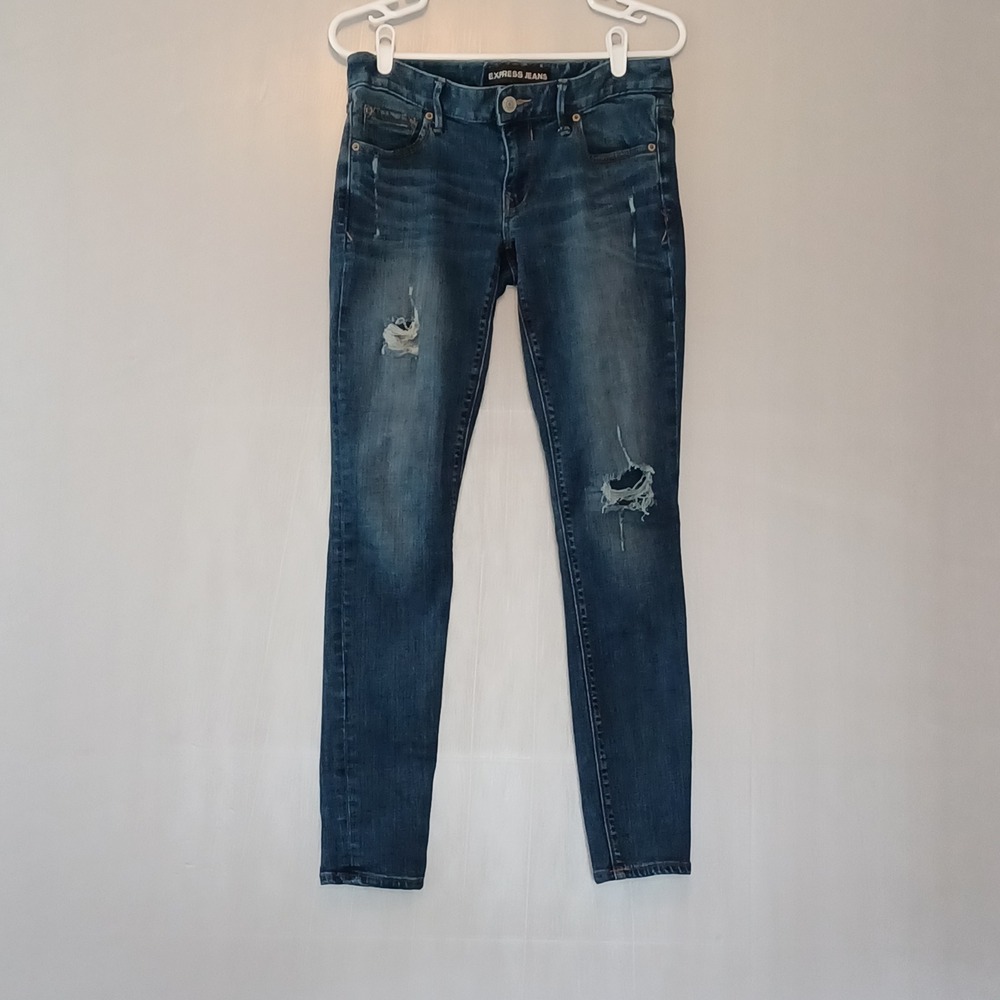 Express Jeans Legging Low Rise Distressed Skinny Denim Medium Wash Size 6